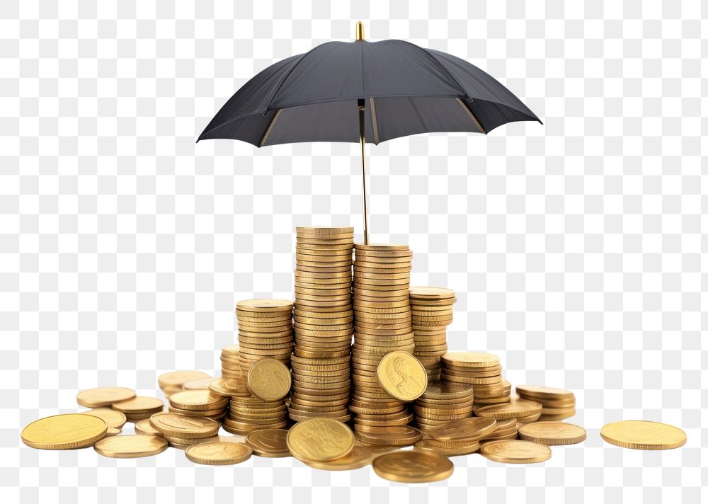 PNG  Umbrella covering stack of coins umbrella money investment. AI generated Image by rawpixel.