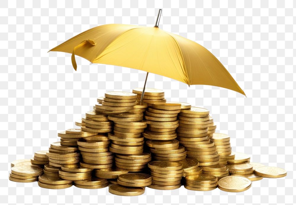 PNG  Umbrella covering stack of coins umbrella money gold. AI generated Image by rawpixel.