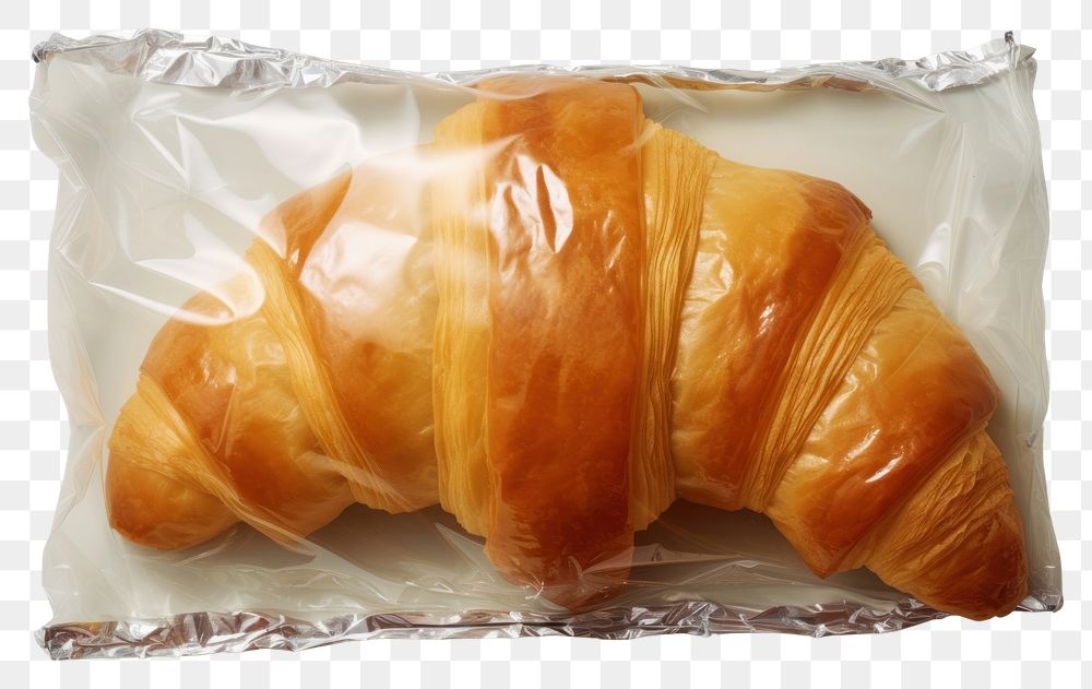 PNG  Plastic wrapping over a croissaint croissant food white background.