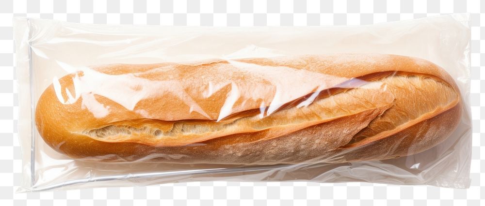 PNG  Plastic wrapping over a baguette bread food white background.