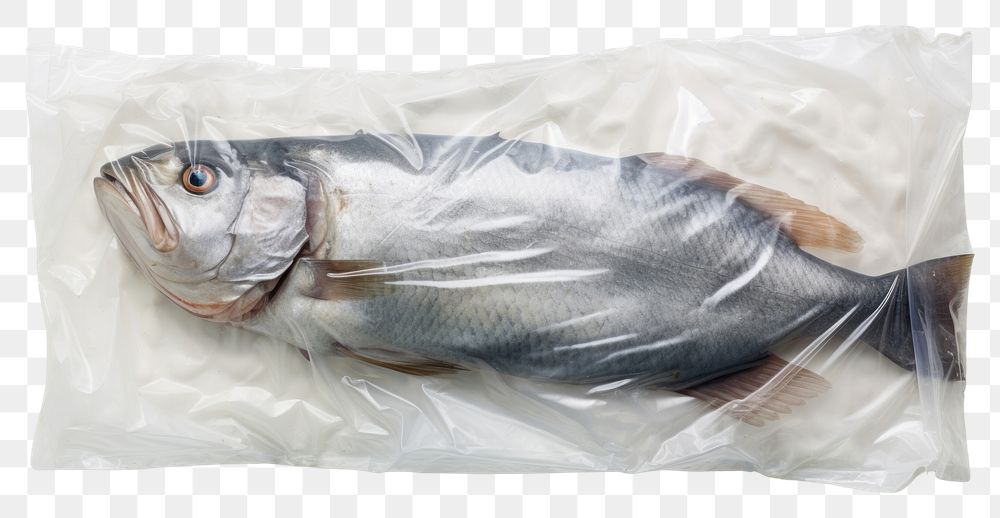 PNG  Plastic wrapping over a fish seafood animal white background.