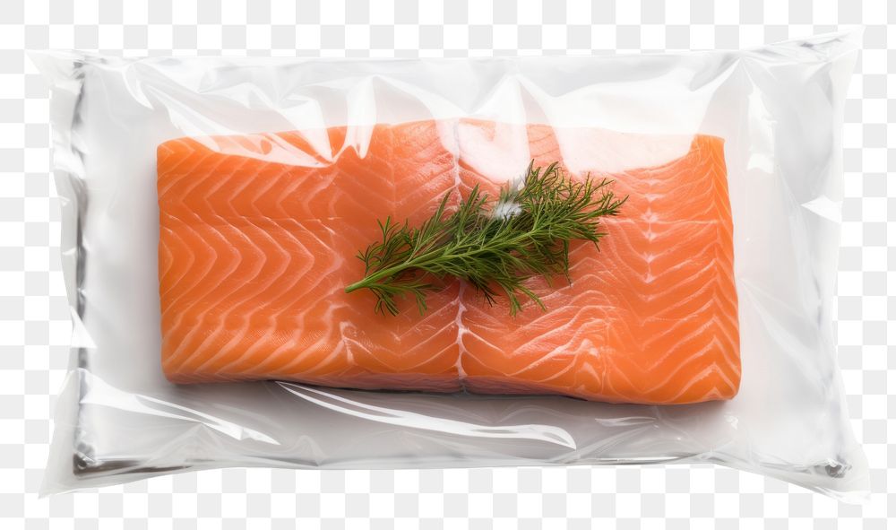 PNG  Plastic wrapping over a salmon fillet seafood white background vegetable.