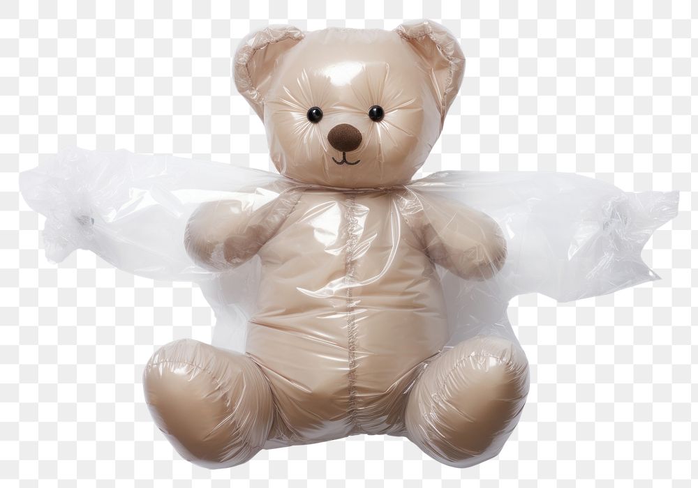 PNG  Plastic wrapping over a teddy bear toy white background representation.