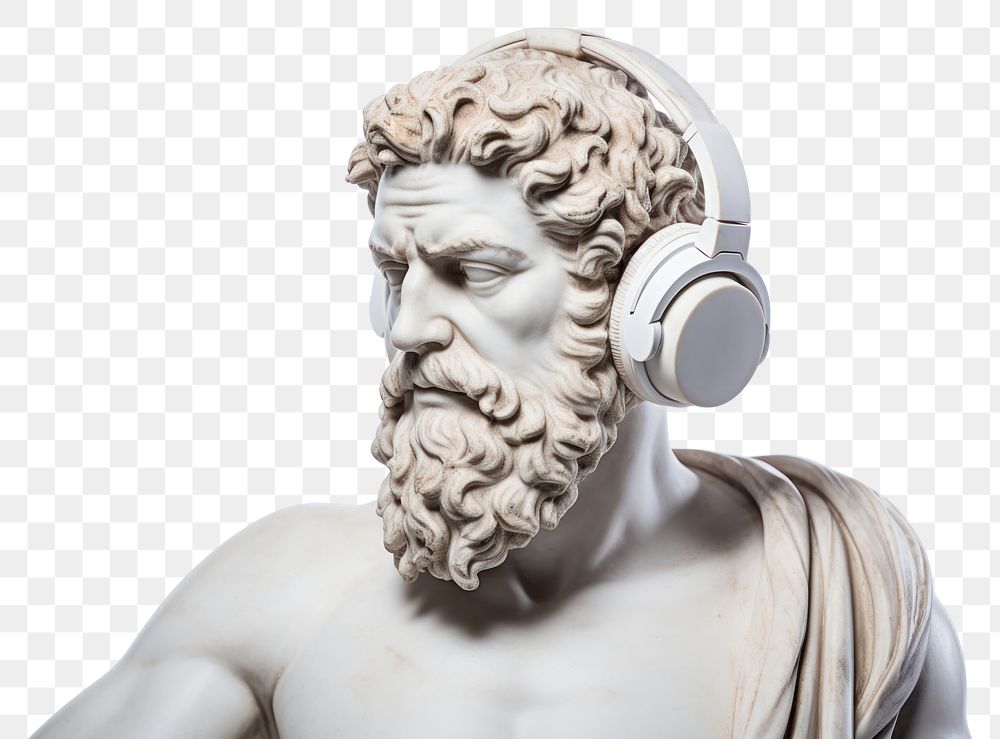 PNG  Portrait of an Ancient Greek sculpture headphones statue white background.