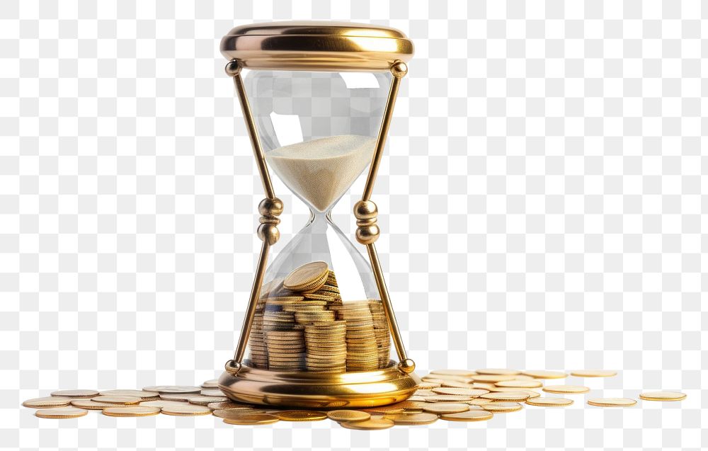 PNG Coins and glass hourglass investment chandelier deadline. AI generated Image by rawpixel.