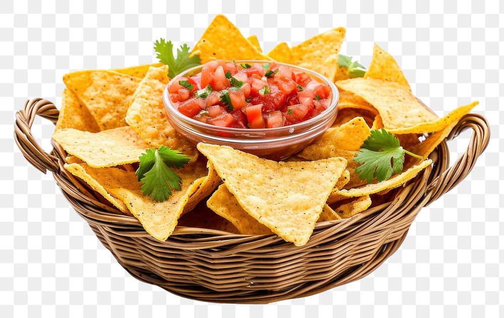 PNG Delicious nachos with red salsa sauce inside a basket snack food white background.