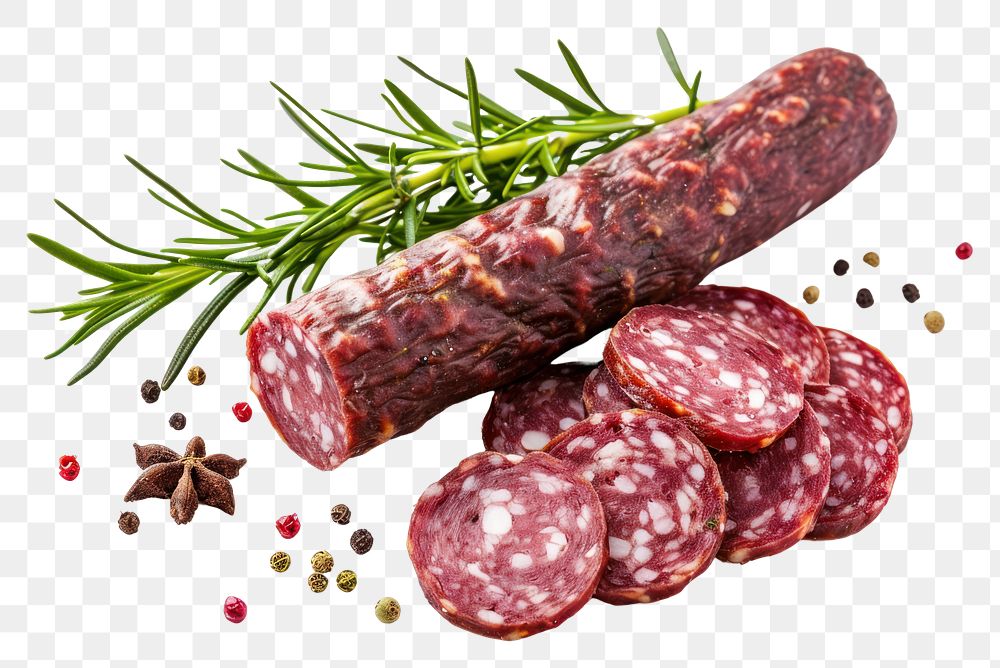 PNG Dry salami sausage with fresh rosemary and spices meat beef food.