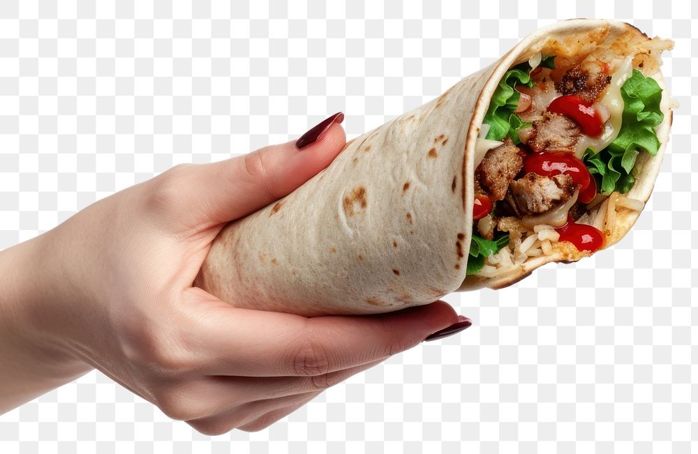 PNG Female hand holds shawarma with red sauce burrito bread food.