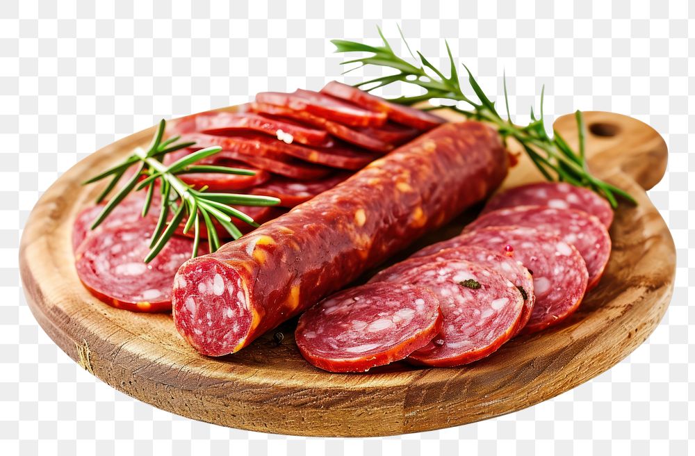 PNG Meat food sausage salami slices wooden board meat beef pork.