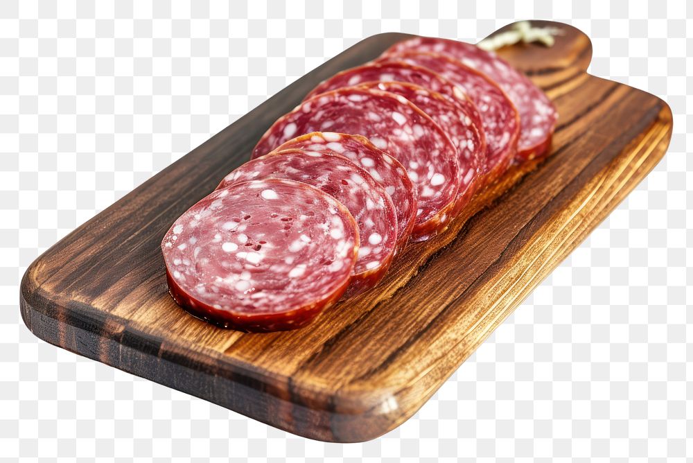 PNG Meat food sausage salami slices wooden board meat pork white background.