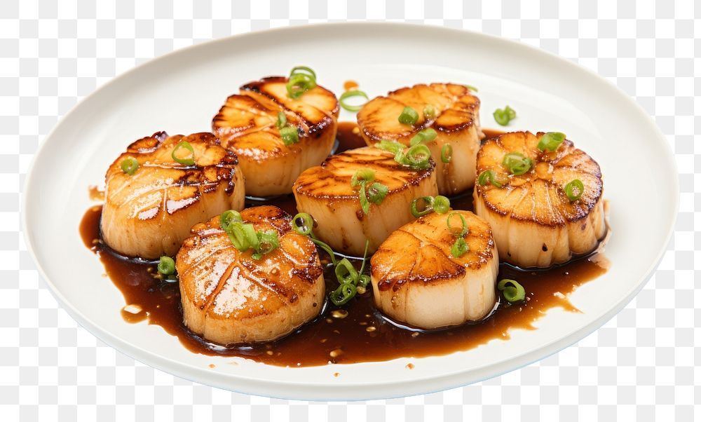 PNG Seared bay scallops with garlic butter soy sauce plate food meat.