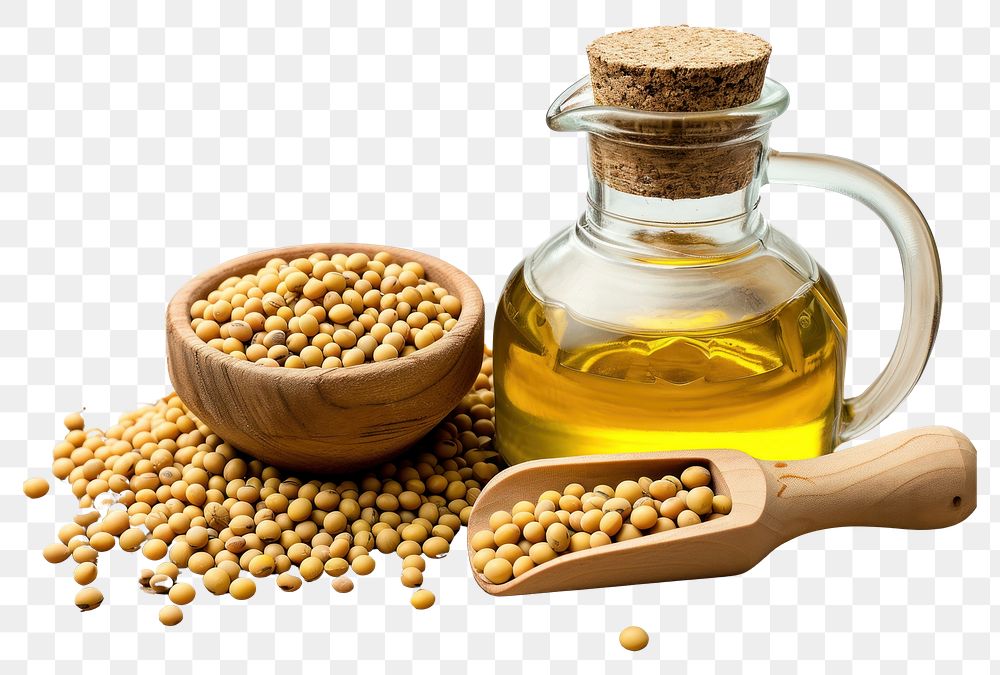 PNG Soybean oil in glass jug with dry soy seeds in scoop on wooden table food ingredient vegetable.