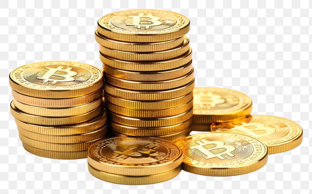 PNG  Stack of golden bitcoins money white background investment. AI generated Image by rawpixel.