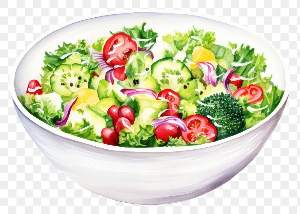 PNG Watercolor salad bowl plate food strawberry. AI generated Image by rawpixel.