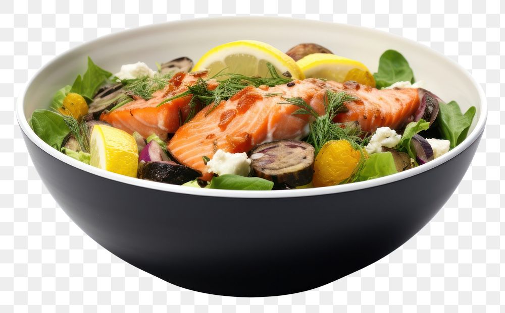 PNG Salmon salad seafood plate bowl. AI generated Image by rawpixel.