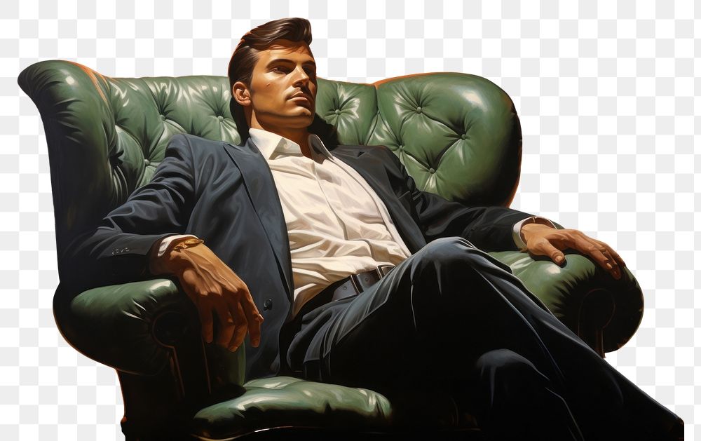 PNG Man wearing suit chilling on the sofa furniture armchair sitting.