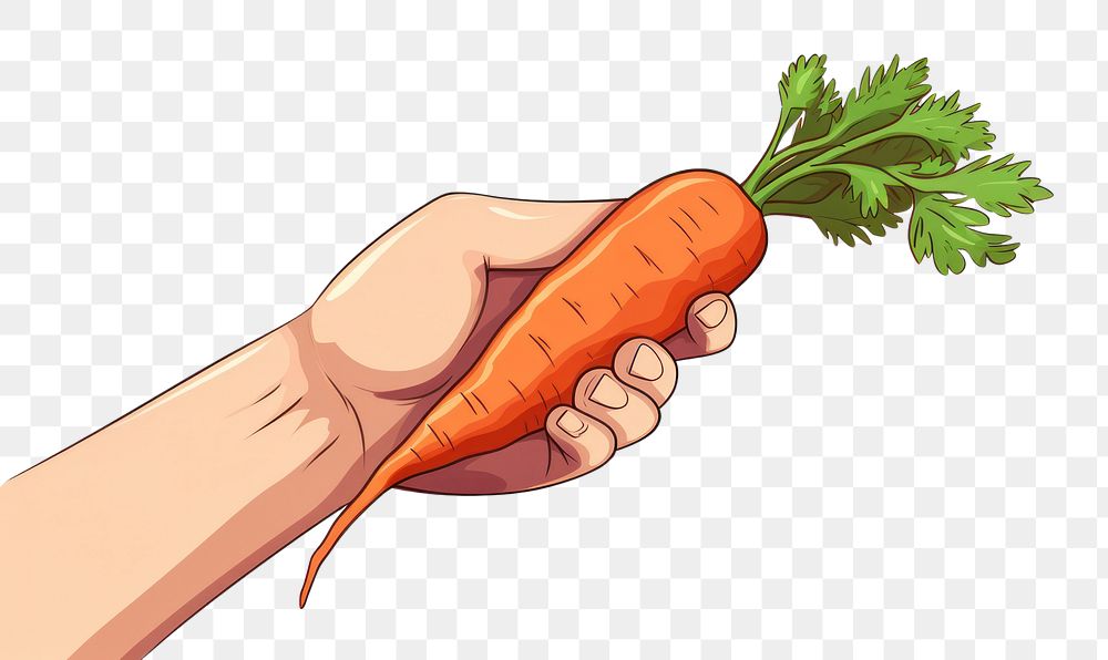PNG Human hand holding carrot vegetable cartoon plant.