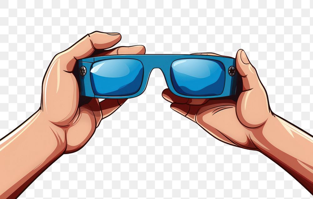 PNG Human hand holding a 3D glasses sunglasses cartoon photographing.