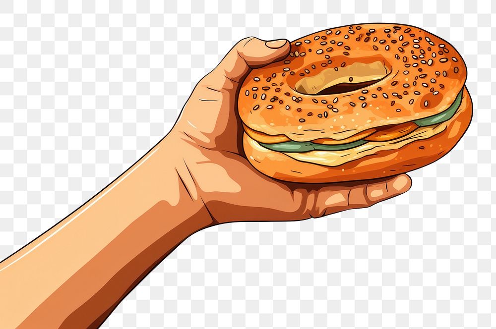 PNG Human hand holding a bagel sandwich cartoon bread food.