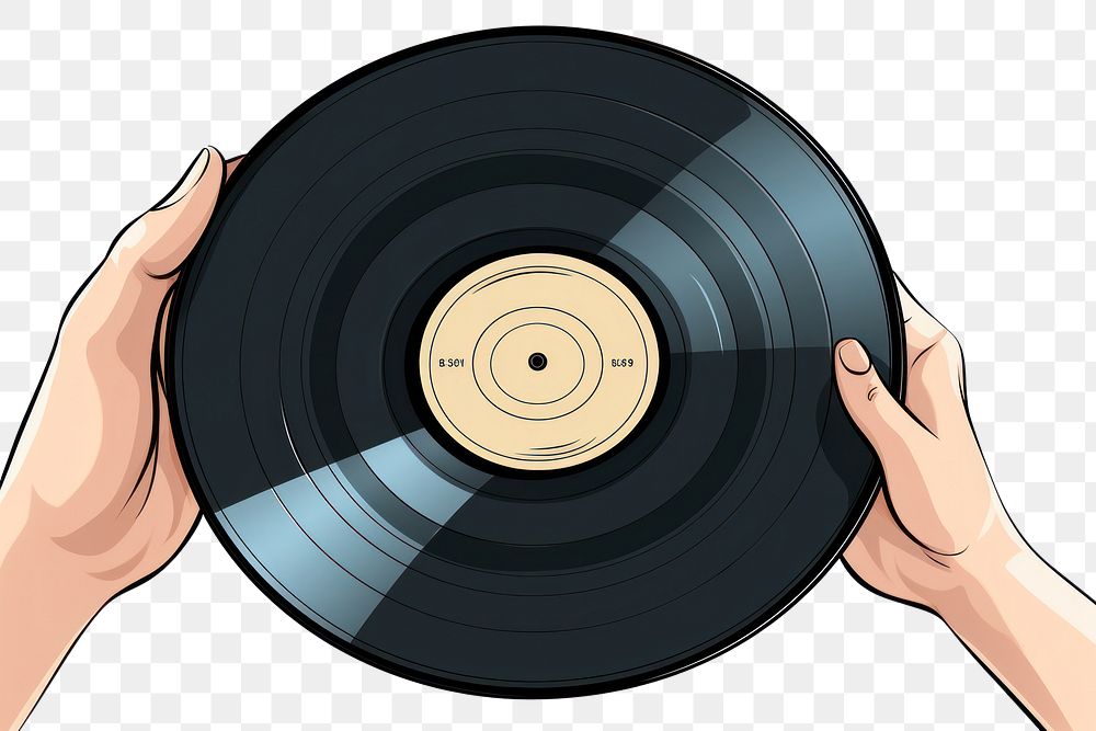 PNG Human hand holding a big music disk cartoon white background gramophone.