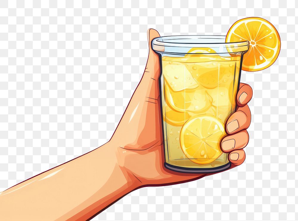 PNG Human hand holding a cup of lemonade fruit drink juice.