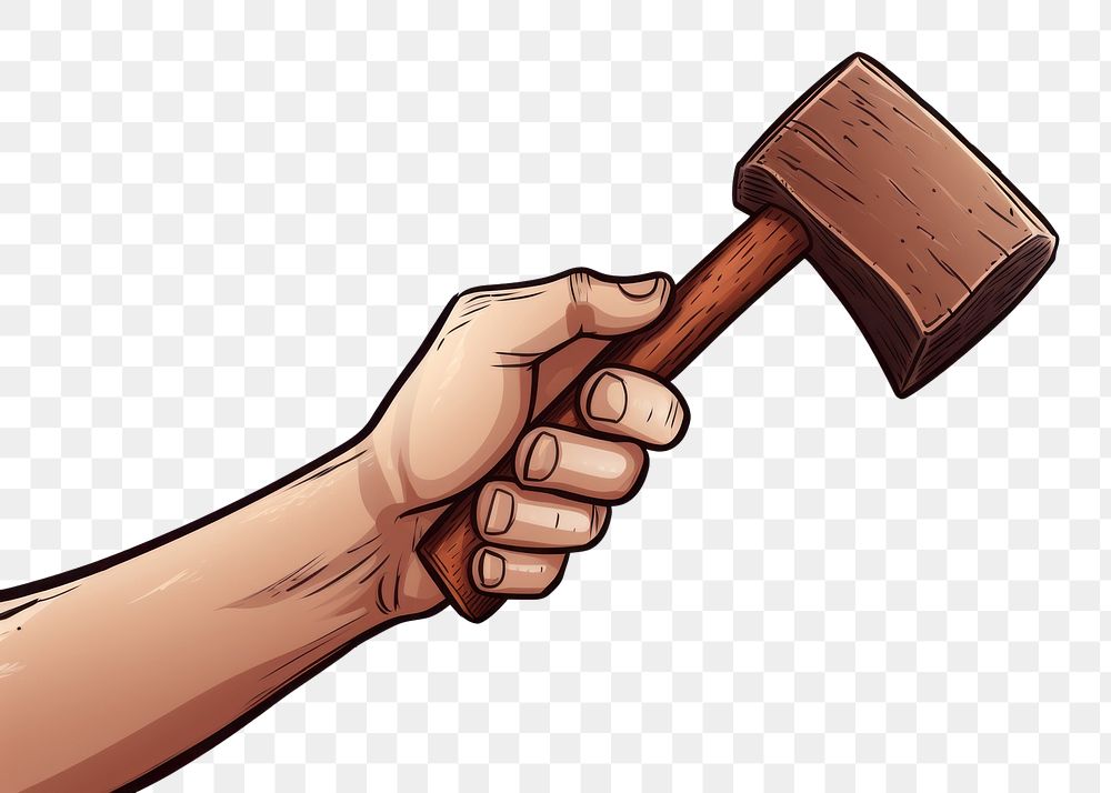 PNG Human hand holding a hammer cartoon tool white background.
