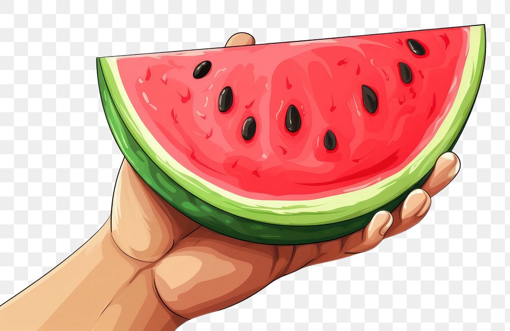PNG Human hand holding a piece of watermelon cartoon fruit plant.