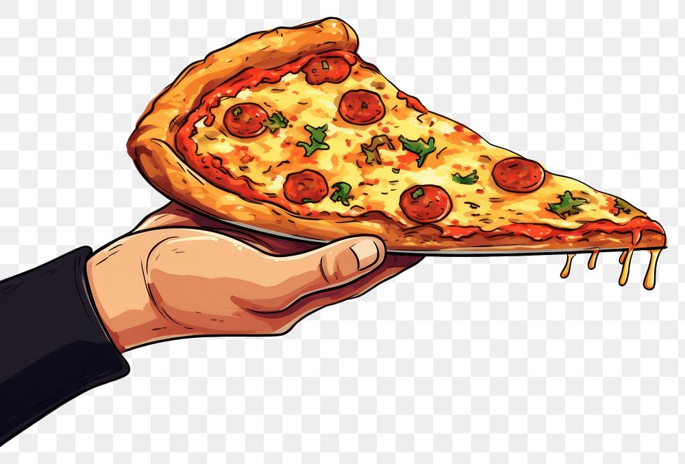 PNG Human hand holding a plate of a piece of pizza cartoon food advertisement.