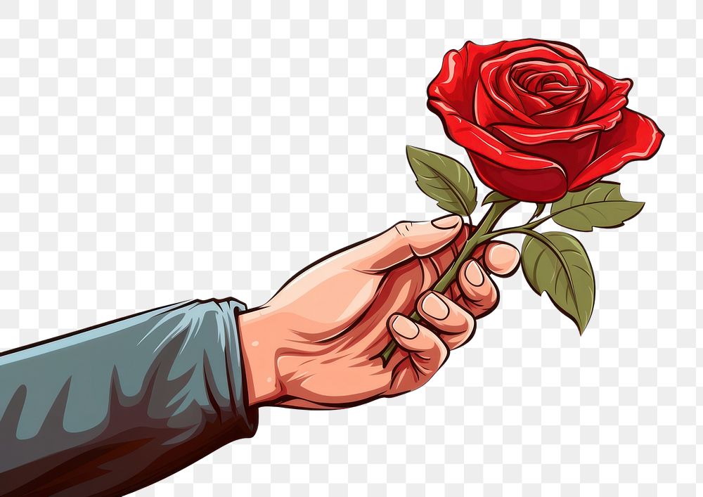 PNG Human hand holding a rose cartoon flower plant.