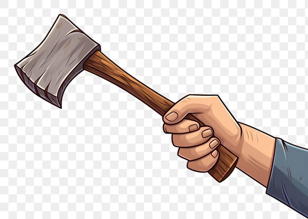 PNG Human hand holding an axe cartoon tool white background.