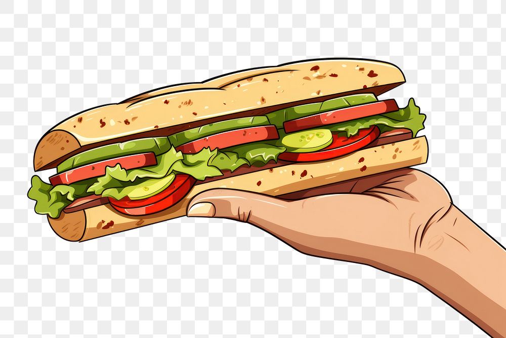 PNG Human hand holding sandwich cartoon food hamburger.