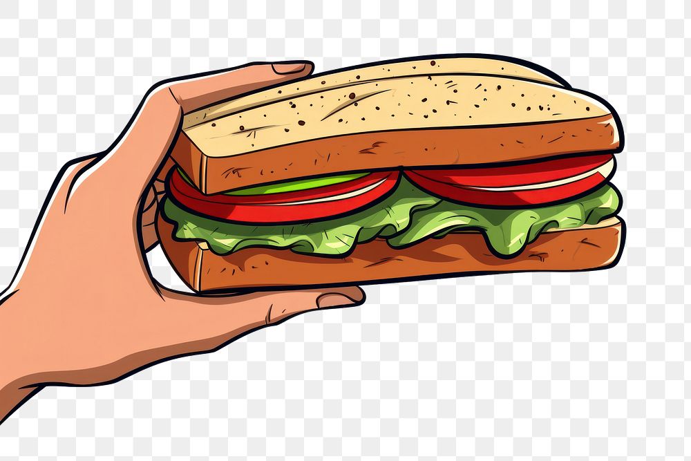 PNG Human hand holding sandwich cartoon lunch food.