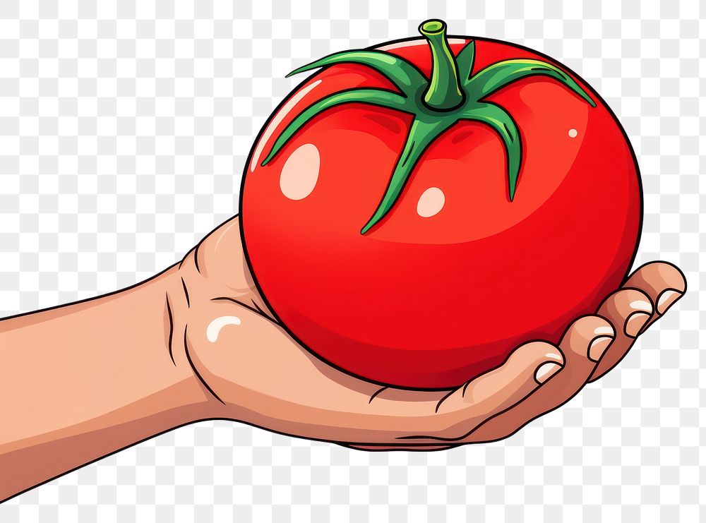 PNG Human hand holding tomato vegetable cartoon plant.