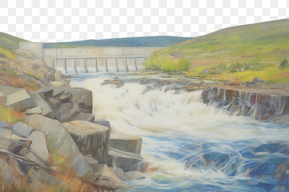 PNG  Hydroelectric dam outdoors painting drawing. AI generated Image by rawpixel.