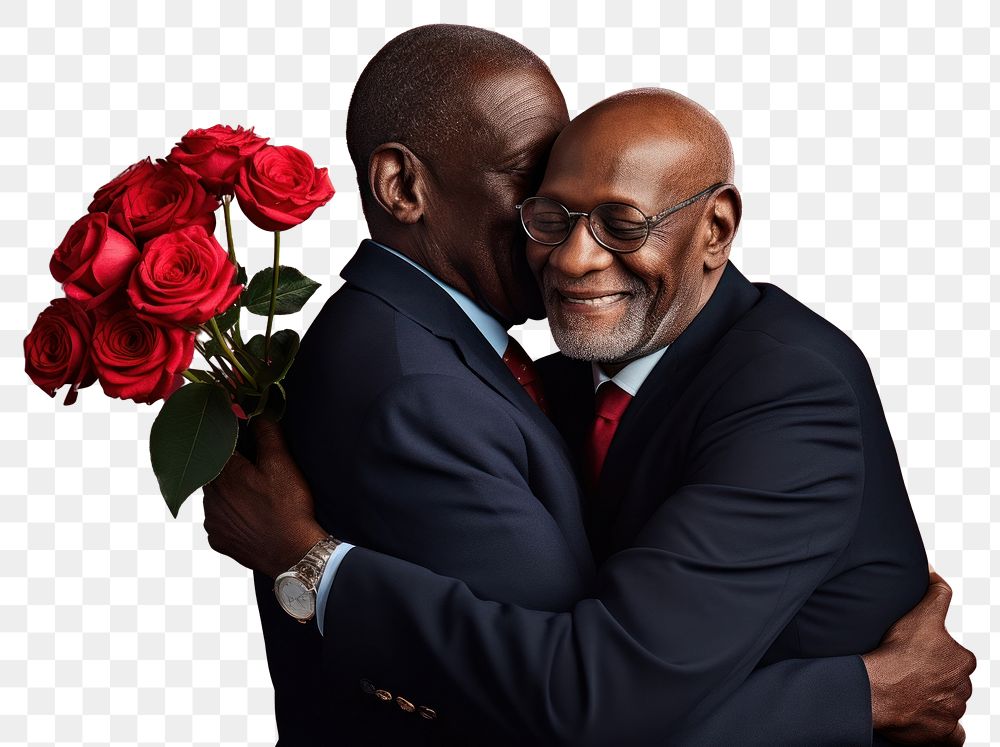 PNG Black senior man and friend hugging portrait flower adult.