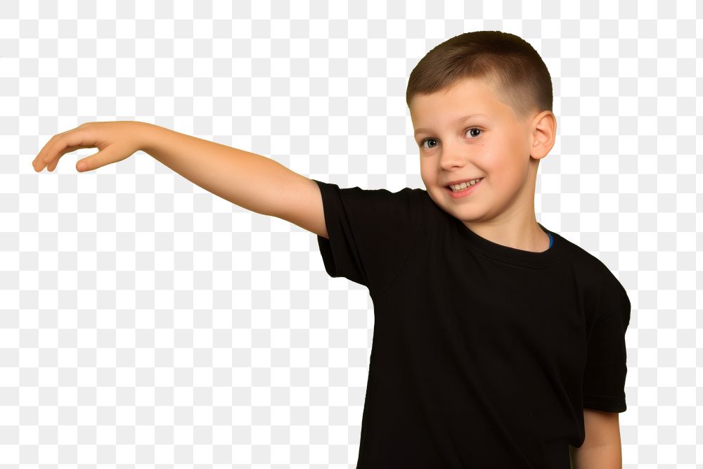 PNG  Boy holding one arm out portrait t-shirt child. AI generated Image by rawpixel.