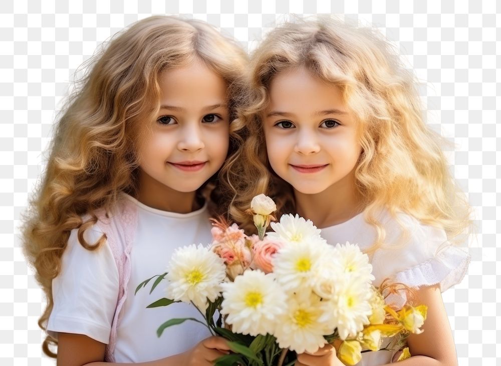 PNG  Children holding flowers portrait cute togetherness. AI generated Image by rawpixel.