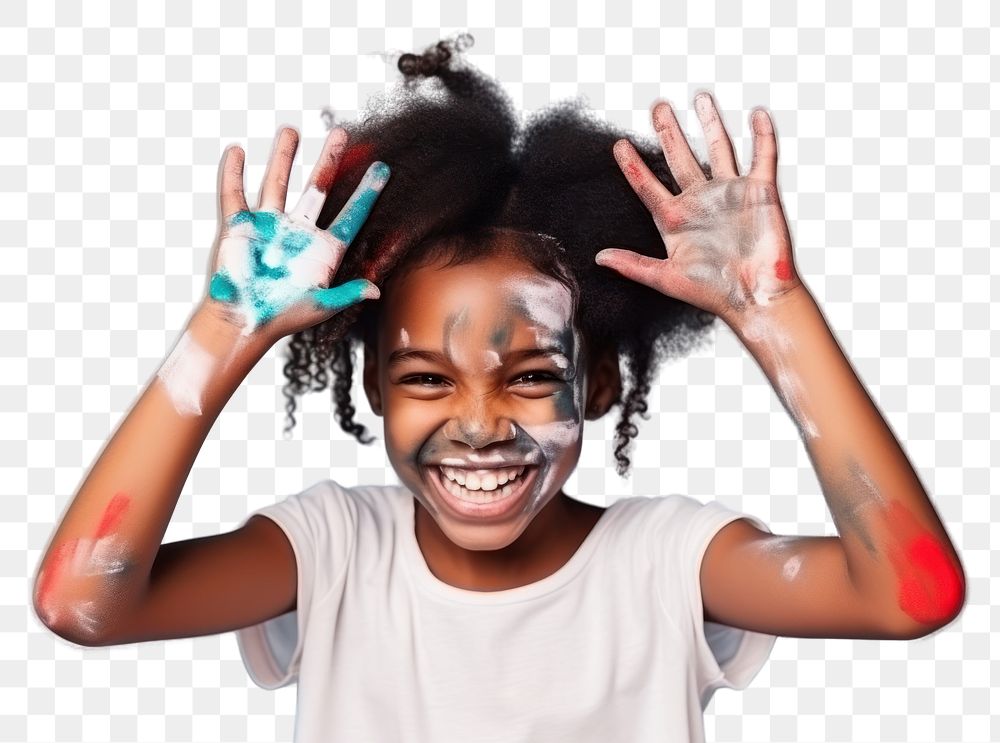 PNG  Black girl with a hand covered in paint portrait child smile. AI generated Image by rawpixel.