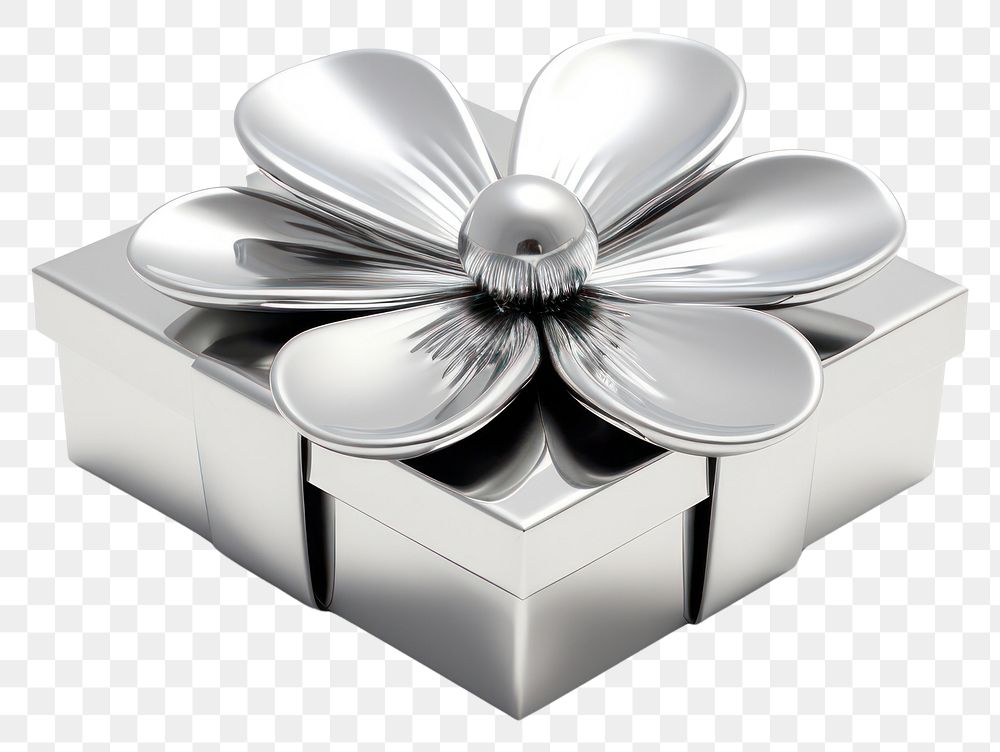 PNG Flower in giftbox Chrome material silver shiny white.