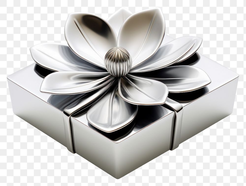PNG Flower in giftbox Chrome material silver white background celebration.