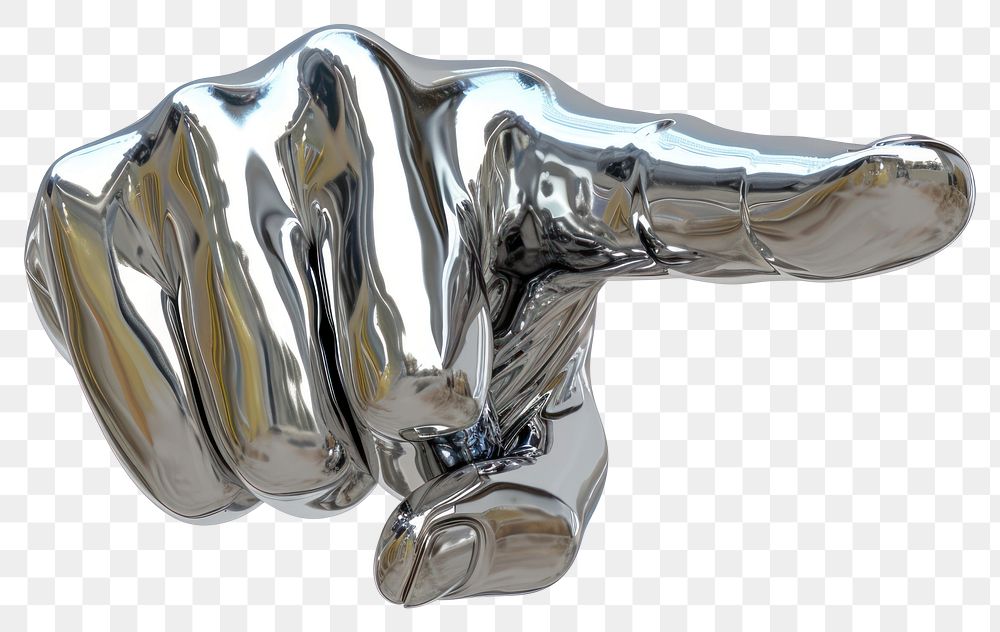PNG Pointing hand Chrome material silver sculpture shiny.