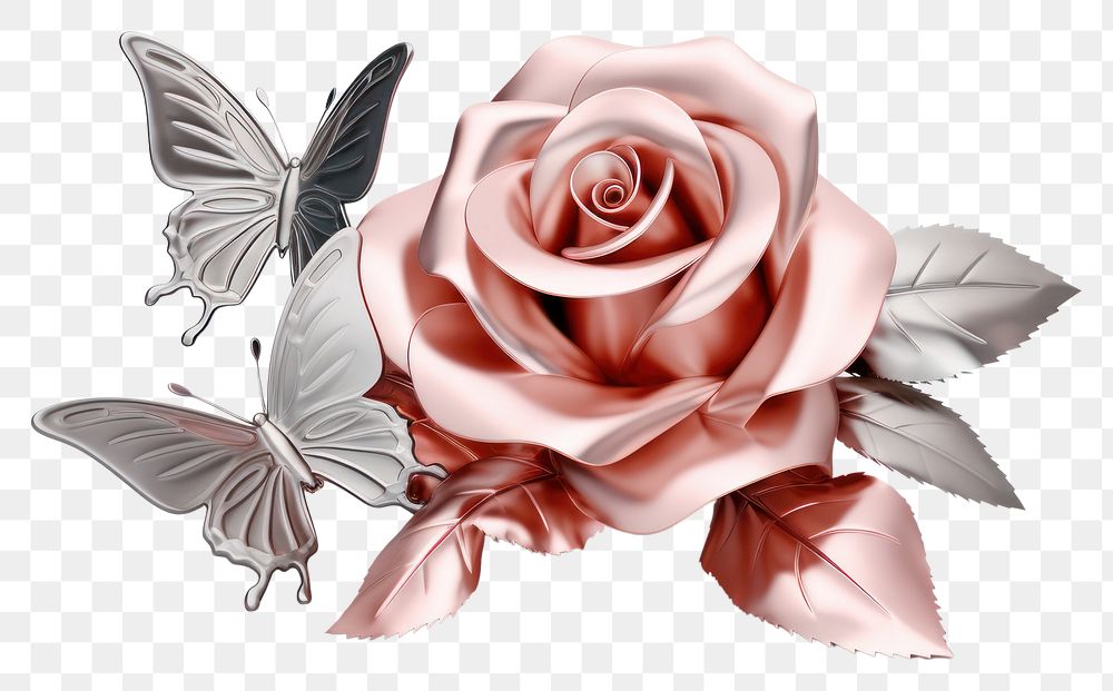 PNG Rose and butterfly Chrome material flower plant white background.