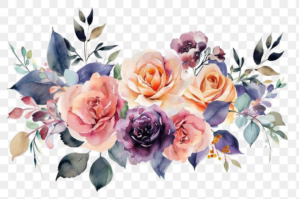 PNG Watercolor flowers rose painting pattern.