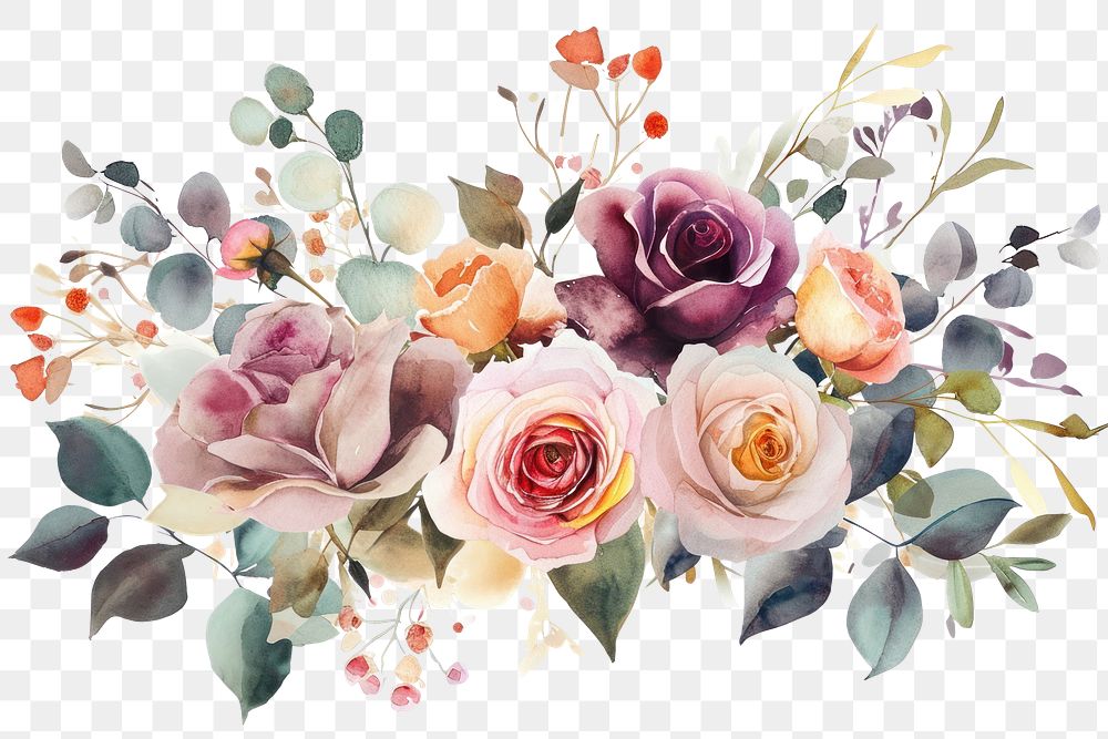 PNG Watercolor flowers rose painting pattern.