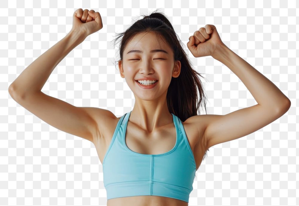PNG  Asian woman in soft blue top exercise smile adult determination.