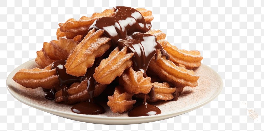 PNG Churros dipped in chocolate sauce dessert plate food.