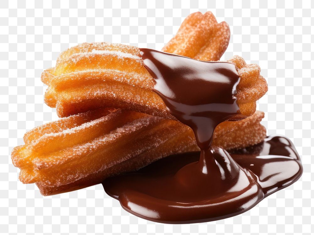 PNG Churros dipped in chocolate sauce dessert food white background.