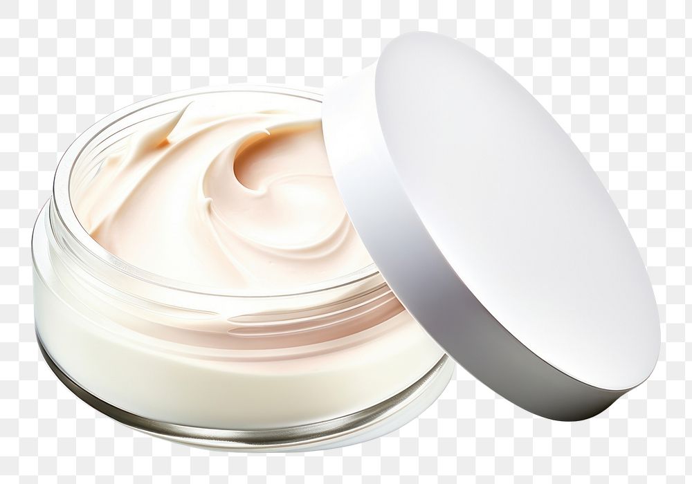 PNG Skincare cream jar over smudges of cream cosmetics white background container.