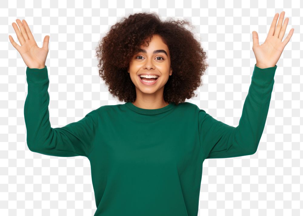 PNG  Young cute brazilian woman raise arms smile adult white background.