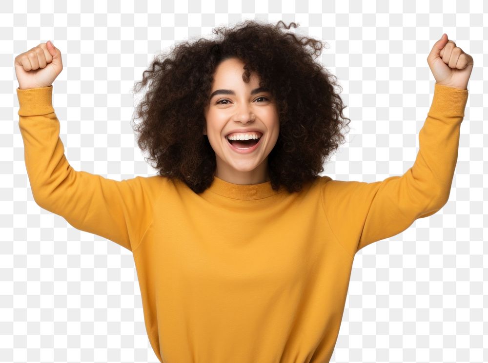 PNG  Young cute brazilian woman raise arms laughing adult white background.